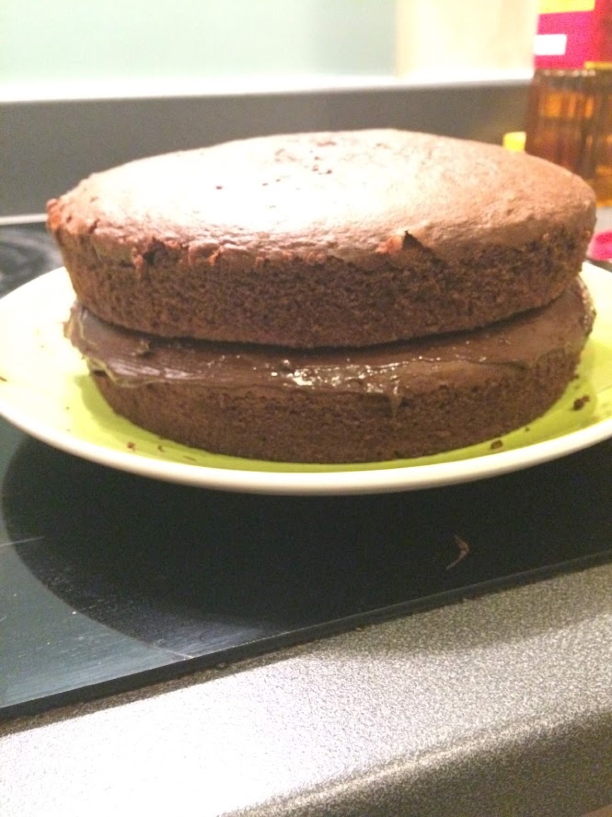 A homemade two-layer chocolate cake with chocolate filling on a green plate